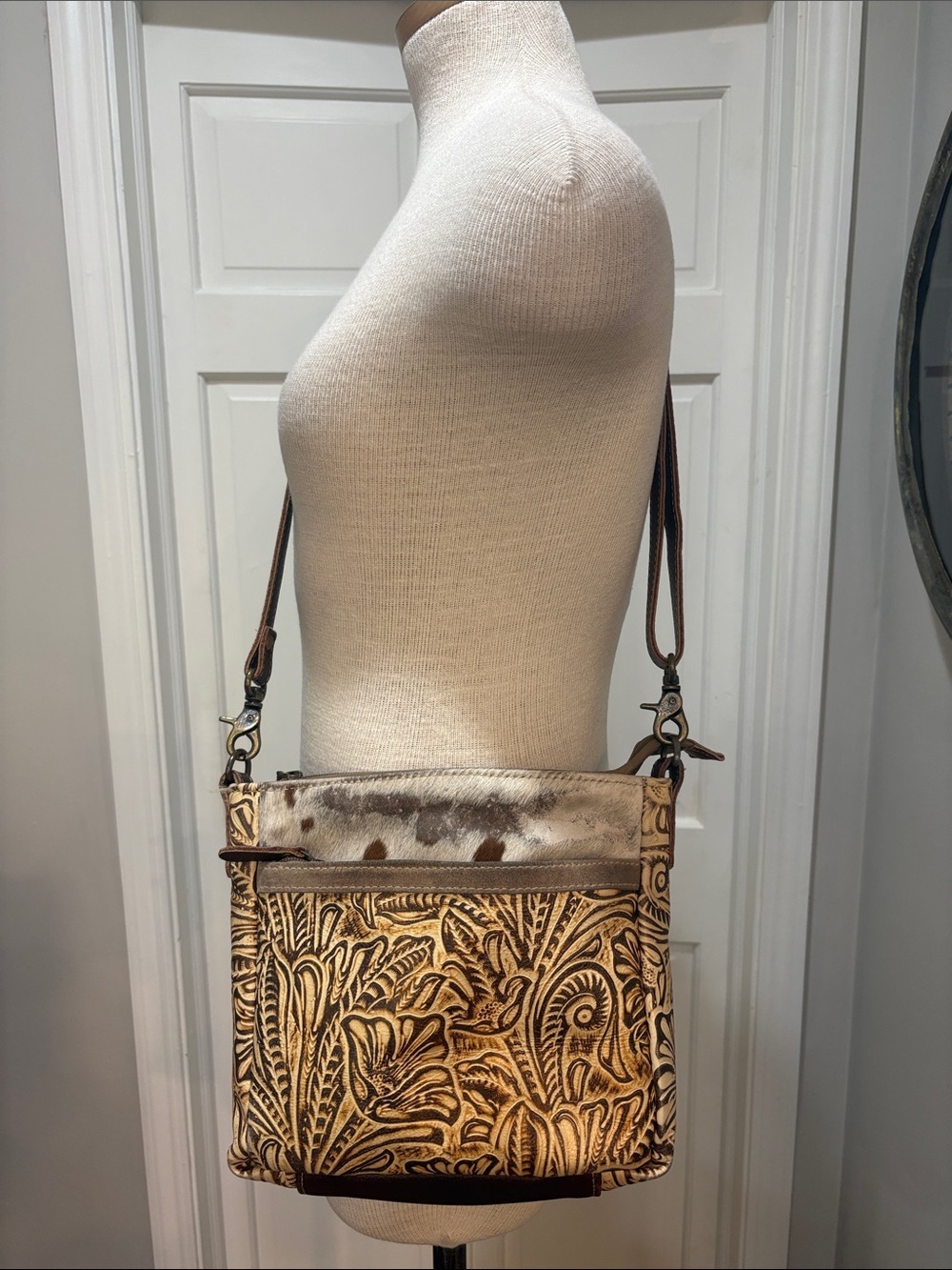 Myra tooled leather and horse hair cross body western cowgirl festival purse